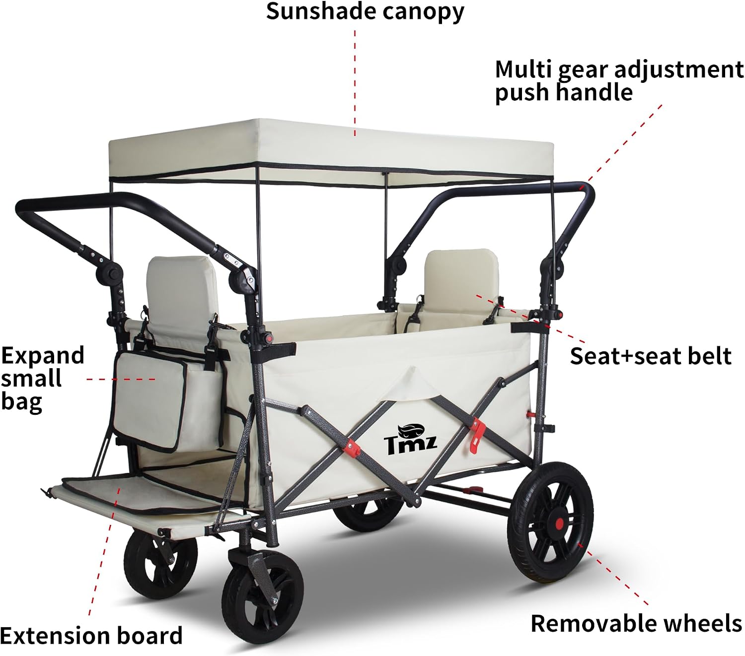 TMZ Collapsible Wagon with 2 Foldable Seats, Folding Wagon with Canopy, Multi Functional Cart with Adjustable Handle Bar, Front Expandable for Transport Camping (Beige)