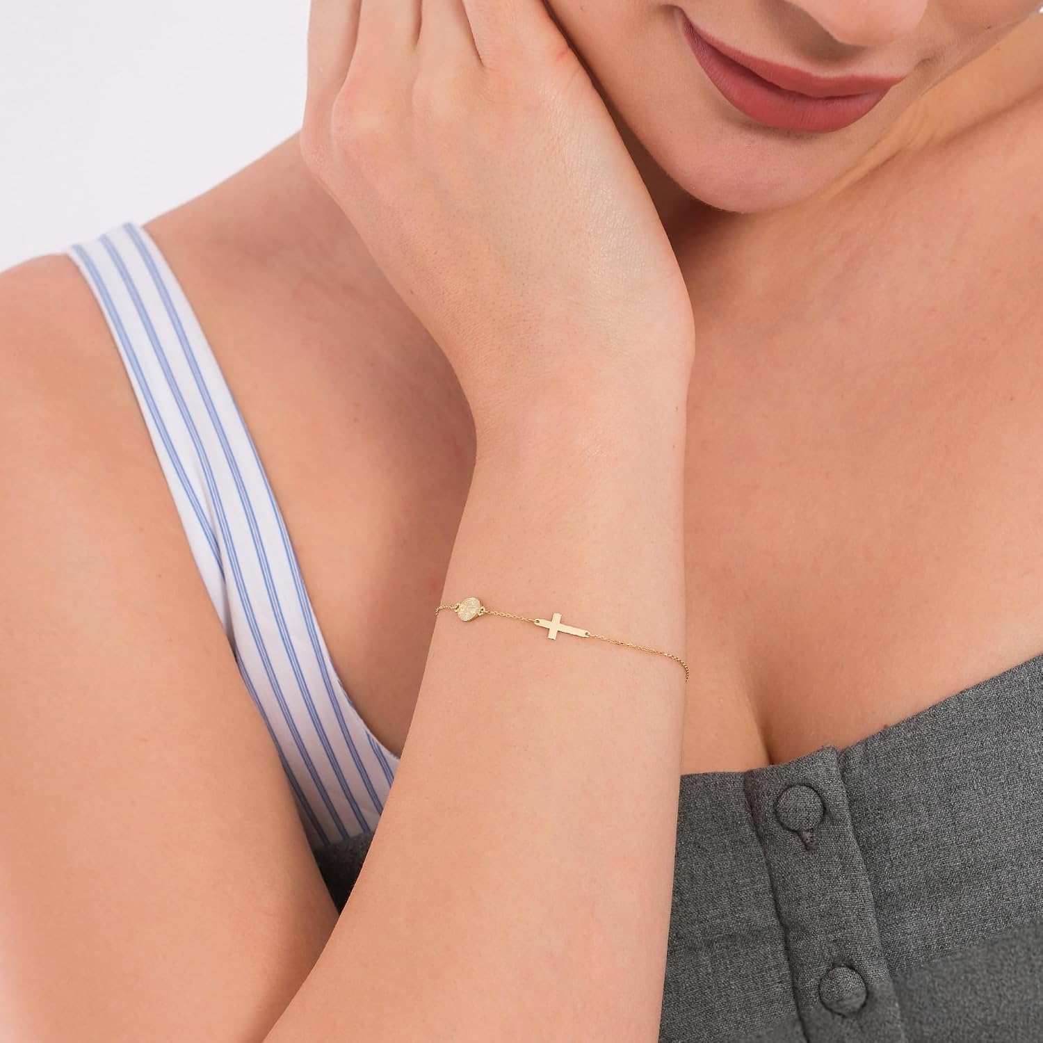 MIONZA 14K Solid Gold Rosary Sideways Cross Bracelet for Women, Adjustable Cross Bracelet, Religious Charm Catholic Jewelry, Christian Baptism Gift for Her