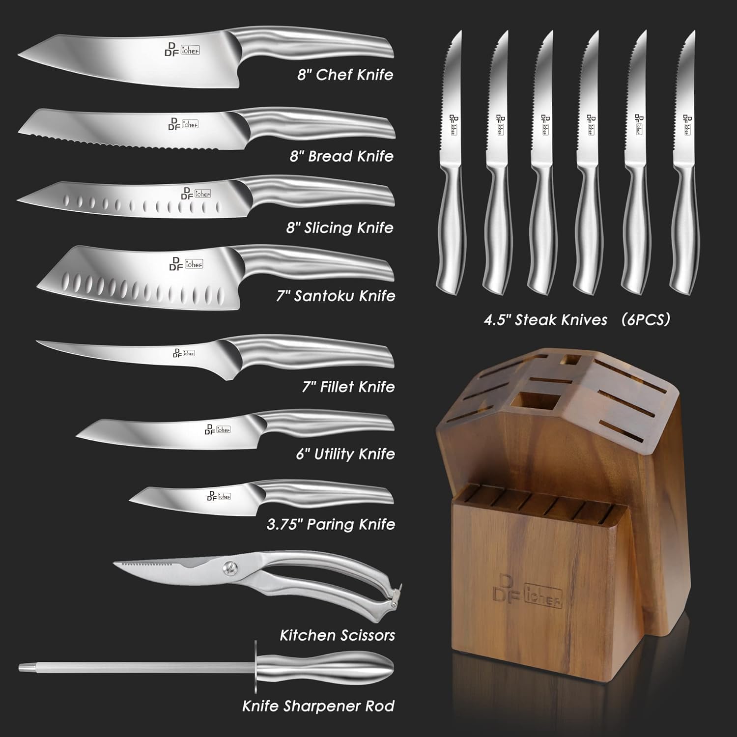 DDF iohEF Kitchen Knife Set with Block, 16 PCS Knife Sets for Kitchen with Block Japanese Stainless Steel, Ultra Sharp Chef Knife Set with Sharpener