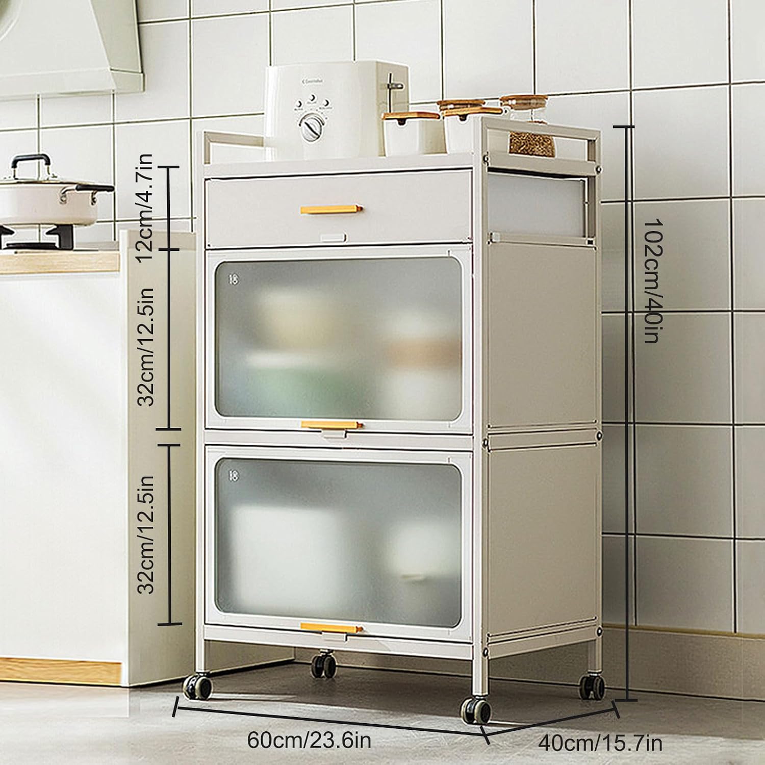 Standing Bakers Rack for Kitchen Storage, 5 -Tier Microwave Stand with Flip Door Cabinet, Metal Shelves with Brakeable Casters and Drawer for Kitchen Pantry Home,Black,60×102cm/23.6×40in