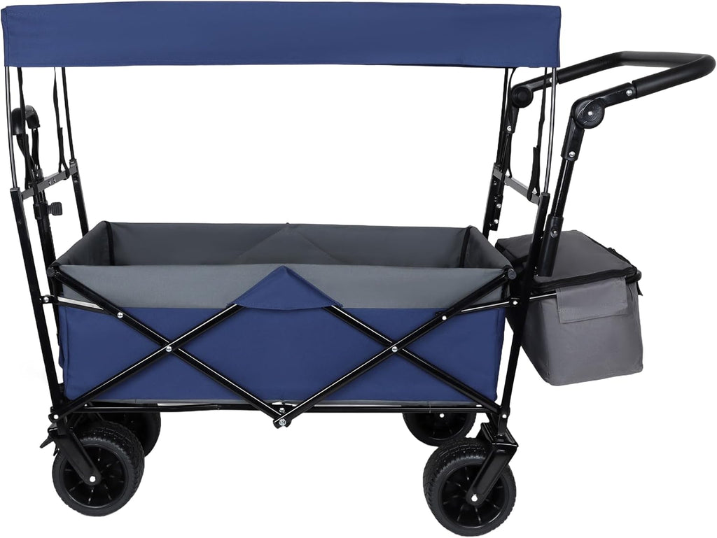 【LuckyNote】 with Push Handle, 480Lbs Collapsible with Canopy, Wagon cart with 7' All-Terrain Wheels, Lightweight Foldable Wagon, Large Capacity for Camping, Shopping, Sports (Dark Blue)