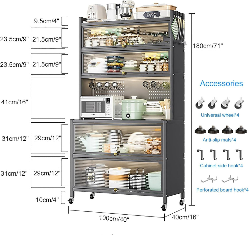 Dark Gray Baker's Rack with Microwave Stand, Storage Drawer & Pegboard - Versatile Kitchen Organizer with Metal Shelves for Garage, Pantry & Spice Storage