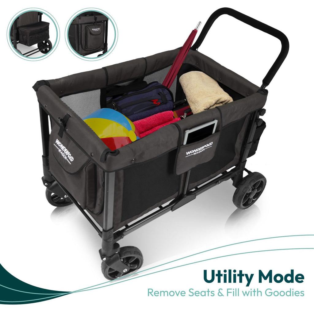 WonderFold W4 Original Stroller Wagon - Foldable Wagon with 5 Point Harness - Adjustable Canopy & Deep Carriage - All-Terrain Wheels - for Babies, Toddlers & Kids - 4 Seater - Black