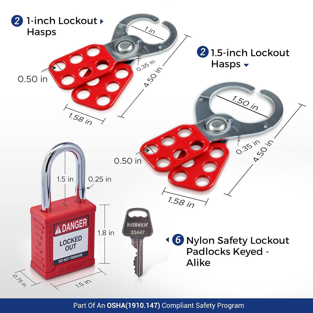 BRADY Lockout Tagout Station with Loto Devices. 6 Keyed Alike Safety Locks, 4 Hasps, Clamp on, Multipole Circuit Breaker Lockouts, Plug Lockout, Cable Lockout 20 Loto Tags. Safety Supply - 153686