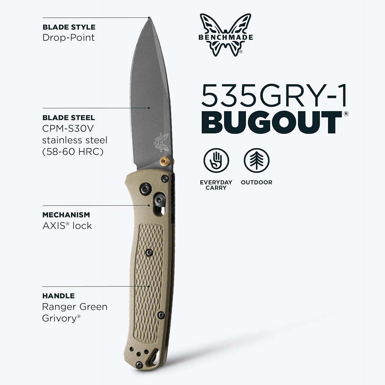 Benchmade - Bugout Outdoor EDC Folding Knife, Slim, Lightweight, Plain Edge, Drop-Point Blade, CPM-S30V Stainless Steel (58-60HRC), Grivory Handle (535GRY-1)