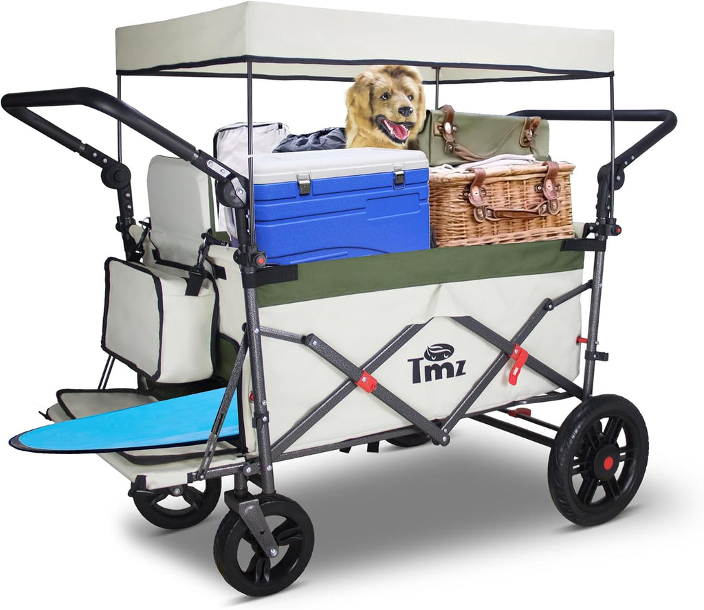 TMZ Collapsible Wagon with 2 Foldable Seats, Folding Wagon with Canopy, Multi Functional Cart with Adjustable Handle Bar, Front Expandable for Transport Camping (Green/Beige)