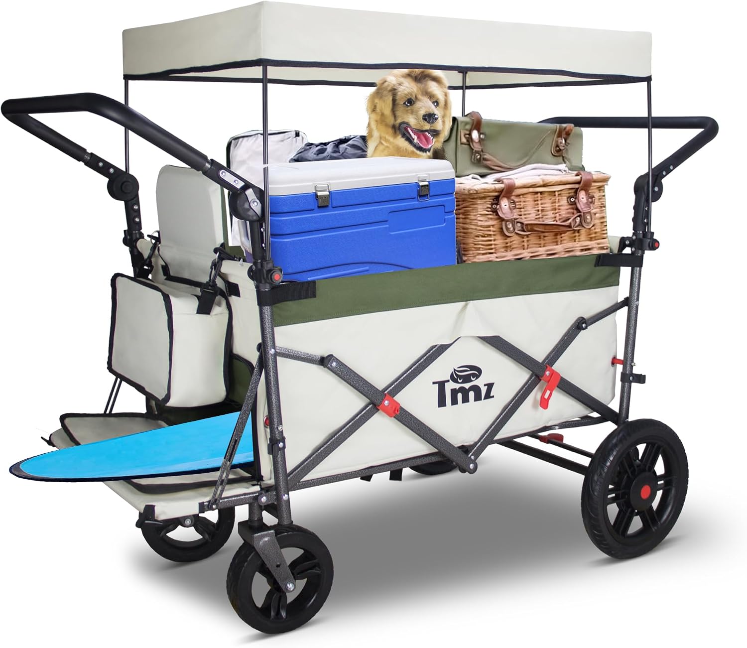 TMZ Collapsible Wagon with 2 Foldable Seats, Folding Wagon with Canopy, Multi Functional Cart with Adjustable Handle Bar, Front Expandable for Transport Camping (Green/Beige)