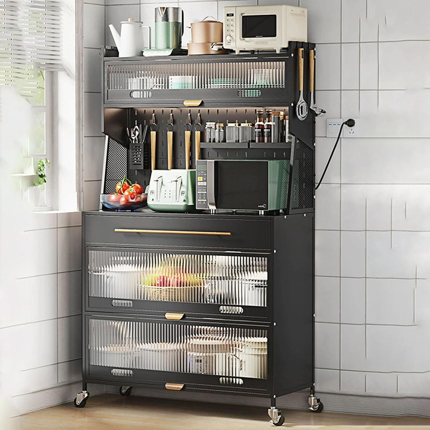JKGHK 5-Tier Bakers Racks with Storage for Kitchens, Microwave Stand on Wheels with Flip Door Cabinets and Pegboard, Tall Kitchen Pantry Cabinet with Drawer for Home(Black,100cm/39.3in)