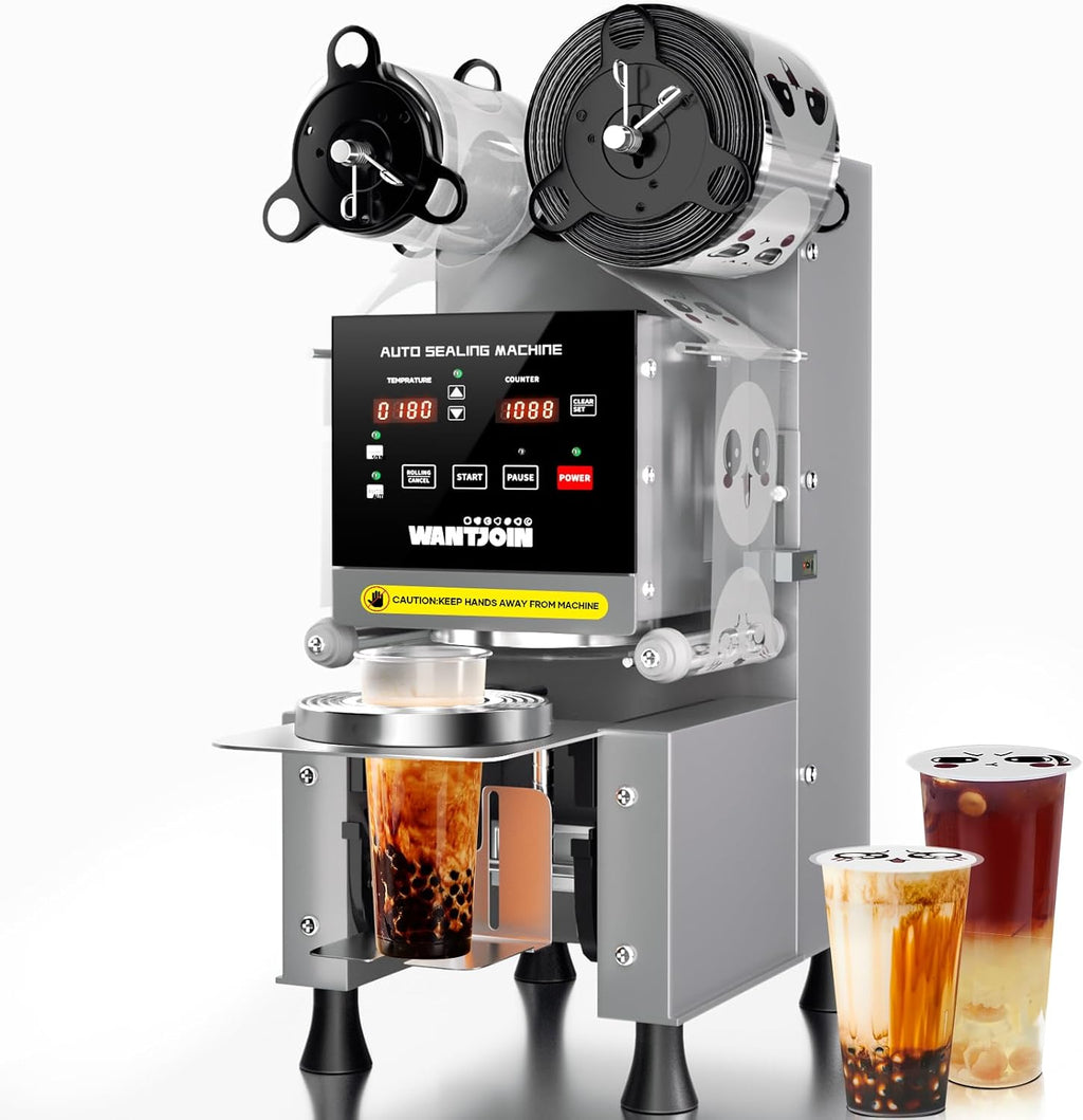 WantJoin Cup Sealing Machine Full Automatic Cup Sealer Machine 90/95mm 35.4/37.4in Electric Cup Sealing Machine 500-650 Cups/H Digital Control LCD Panel Cup Sealer for Bubble Milk Tea Coffee Grey…