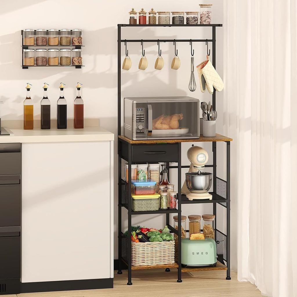 Vertical 5-Storey Kitchen Baker's Rack Storage Rack, Household Microwave Oven Rack with Drawers and Six Hooks for Spices, Pots,A