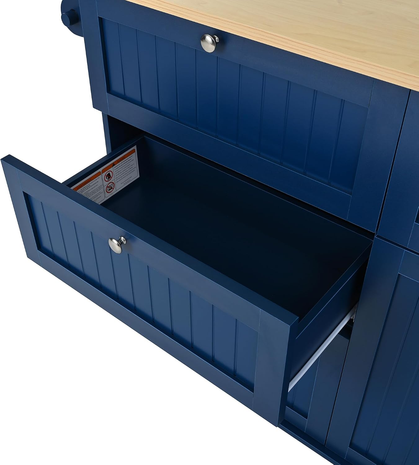 Bellemave Farmhouse Kitchen Island on Wheels with 11.8inch Drop Leaf, 2 Stools, Power Outlet,Kitchen Cart with Storage Cabinet, 2 Drawers, Door Shelves and Towel Rack(Blue)