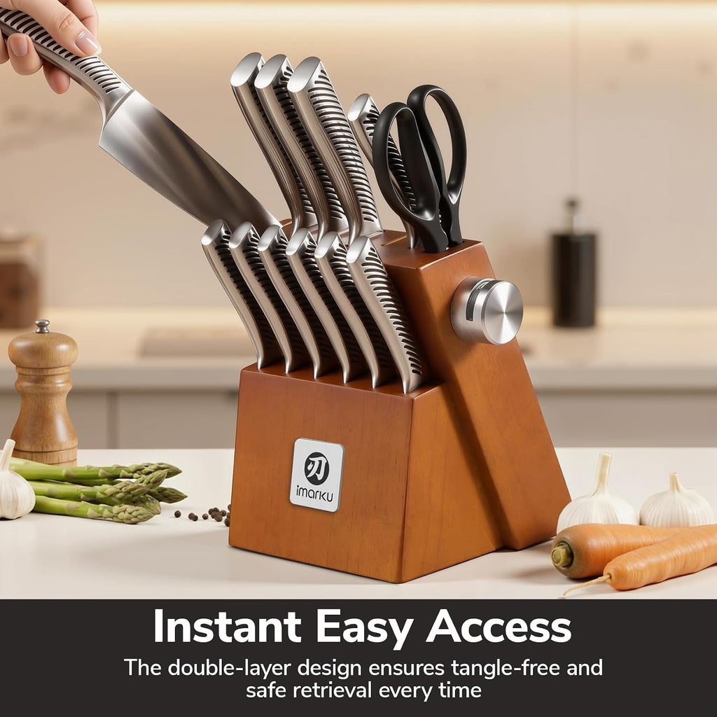 imarku 14-Piece Knife Set, Japanese Stainless Steel Knives Set for Kitchen, Full-Tang Gyutou Knife Sets with Block and Build-in Sharpener, Brown, Dishwasher Safe, House Warming Gifts for Men