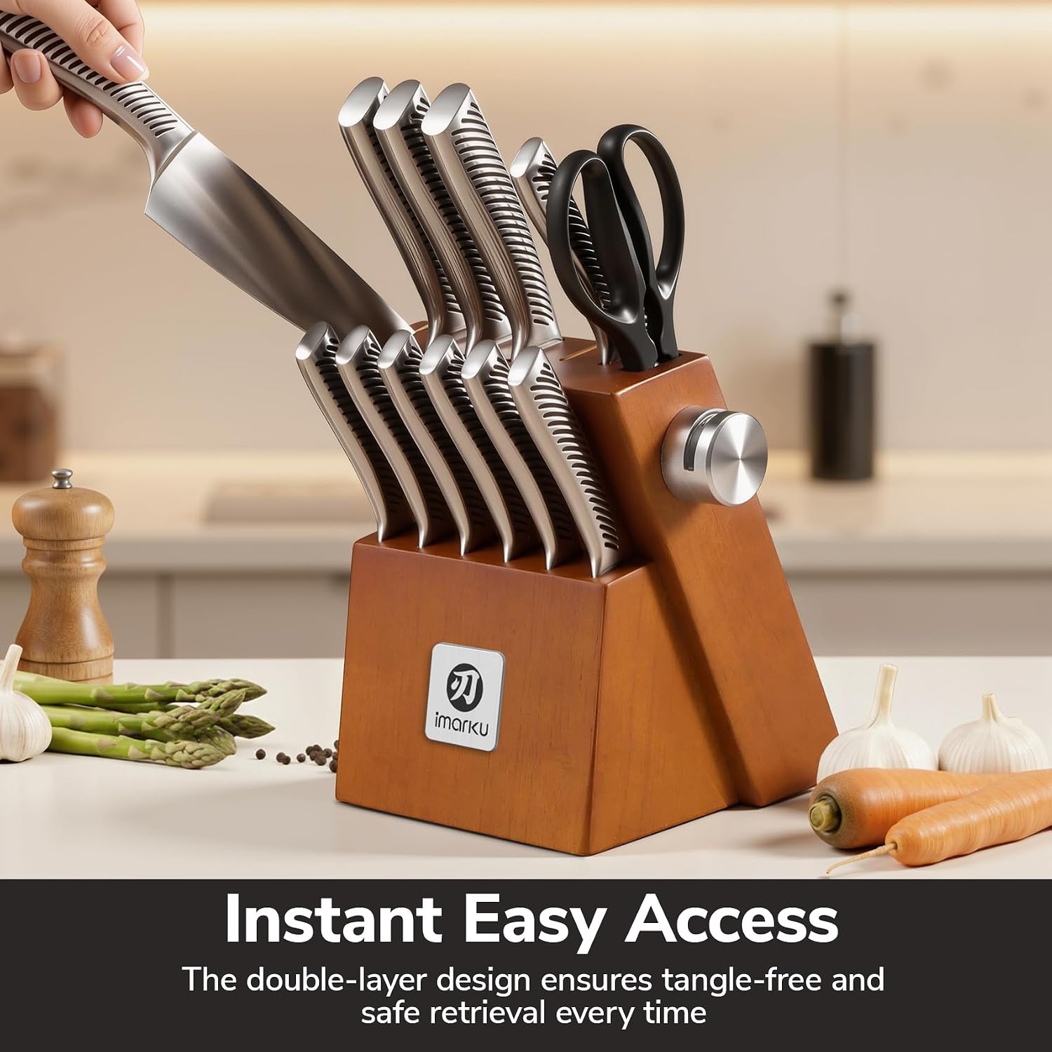 imarku 14-Piece Knife Set, Japanese Stainless Steel Knives Set for Kitchen, Full-Tang Gyutou Knife Sets with Block and Build-in Sharpener, Brown, Dishwasher Safe, House Warming Gifts for Men