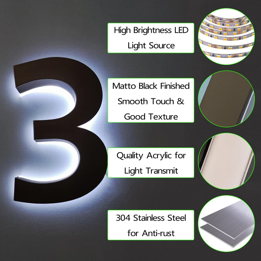 Address Numbers LED, Backlit Illuminated LED House Numbers, Black,Steel Lighted Up LED House Numbers For Outdoor, Illuminated Address Signs, White Light,16 Inch,0