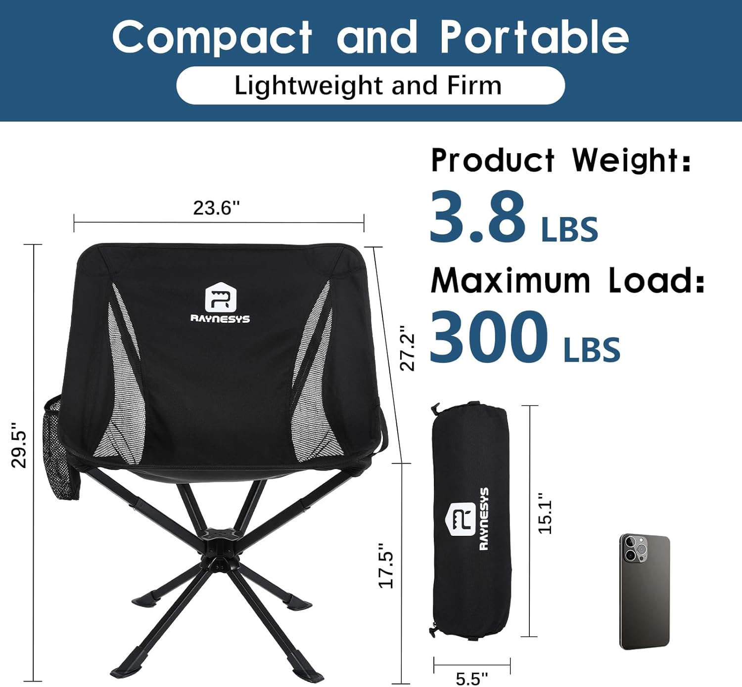 Raynesys Portable Camping Chair 2 Pack, 8 Seconds Quick Setup Folding Camping Chair, Flexible 360° Rotation, 3.8Lb Lightweight Travel Chairs for Easy Carry to Hiking, Sporting, Travel, Beach