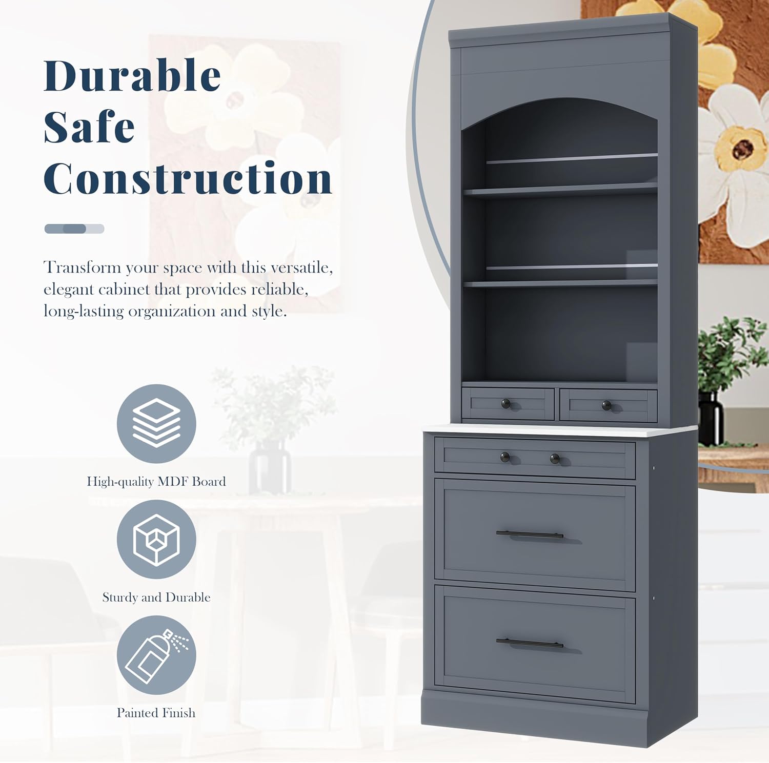 84' Faux Marble-Top Freestanding Storage Cabinet, Kitchen Storage Bakers Rack with 5 Drawers, Utility Food Cupboard with Adjustable Shelf for Kitchen/Dining Room/Living Space, Gray