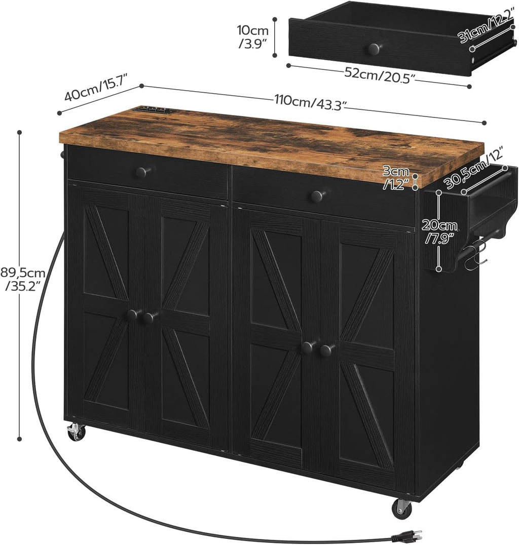 HOOBRO Kitchen Island with Power Outlet, Rolling Kitchen Island with Storage, Kitchen Island Cart with Spice Rack and Hooks, Island Table for Living Room, Rustic Brown and Black BF11UZD01