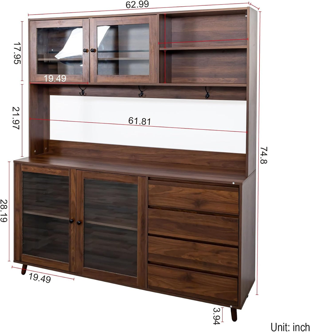 63' Kitchen Pantry Cabinet with Doors and Shelves, Freestanding Bakers Rack Coffee Station with 4 Drawers and Hooks for Kitchen Dining Room, Walnut