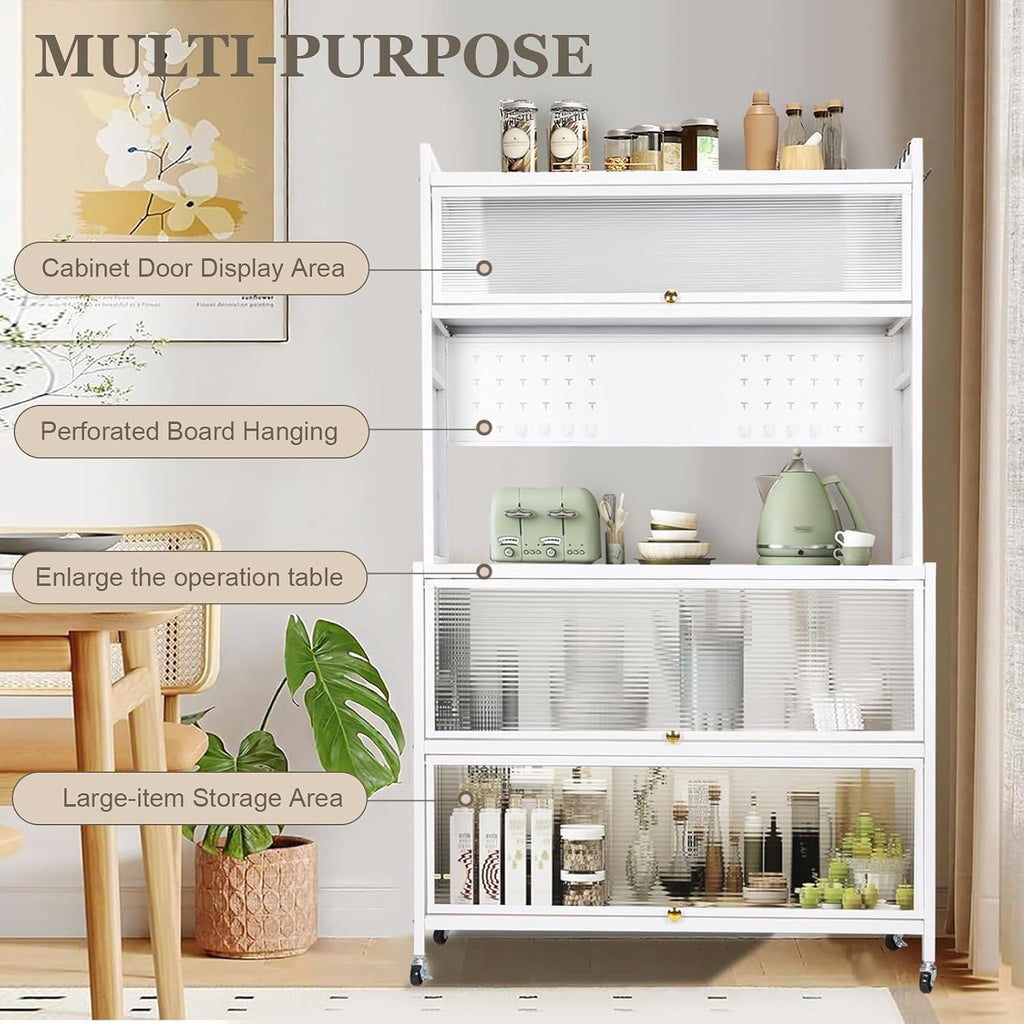 5 Tier Rolling Kitchen Bakers Rack with Locker Hole Board, 63.98x39.37x15.75inch Kitchen Pantry Cabinet Storage with Wheels Hooks, Farmhouse Coffee Bar Cabinet with Drawer Barn Doors