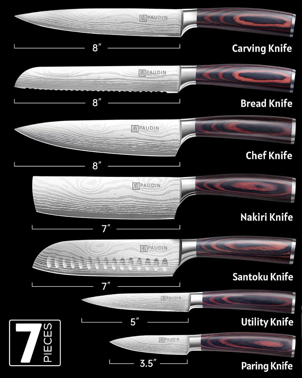 PAUDIN Chef Knife Set, 7 Pieces Kitchen Knife Set, High Carbon Stainless Steel, Ultra Sharp Knife Set, Professional Knives Set for Kitchen with Pakkawood Handle
