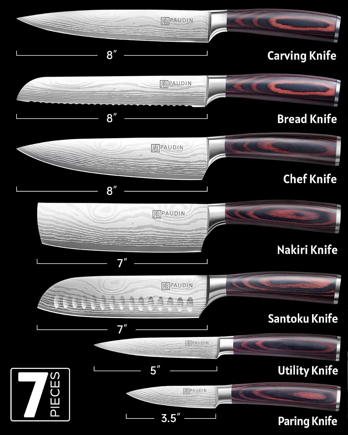 PAUDIN Chef Knife Set, 7 Pieces Kitchen Knife Set, High Carbon Stainless Steel, Ultra Sharp Knife Set, Professional Knives Set for Kitchen with Pakkawood Handle