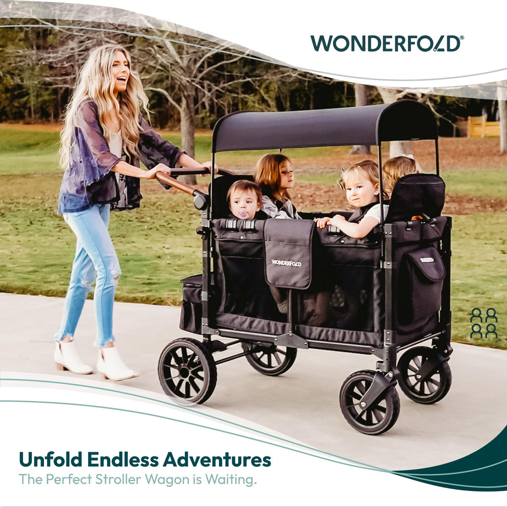 WonderFold W4 Luxe Stroller Wagon - Collapsible Stroller Wagon with Steel Frame - Adjustable Canopy & Push Handle - XL All-Terrain Wheels - for Babies, Toddlers & Kids - 4 Seater - Black