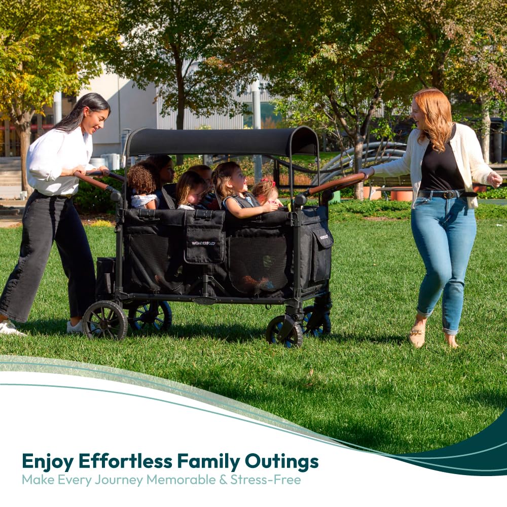 WonderFold W6 Luxe Pro Stroller Wagon - Collapsible Stroller Wagon with Aluminum Frame - Adjustable Canopy & Push Handle - XL All-Terrain Wheels - for Babies, Toddlers & Kids - 6 Seater - Black