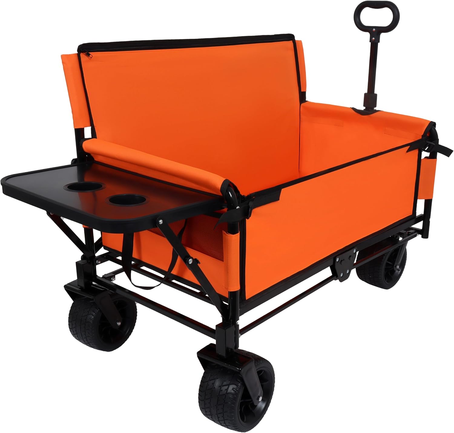 3-in-1 Heavy-Duty Folding Wagon Cart with Bench Seat & Rear Tabletop - 500lbs Capacity, All-Terrain Wheels for Camping, Beach, Sports, Garden (Orange)