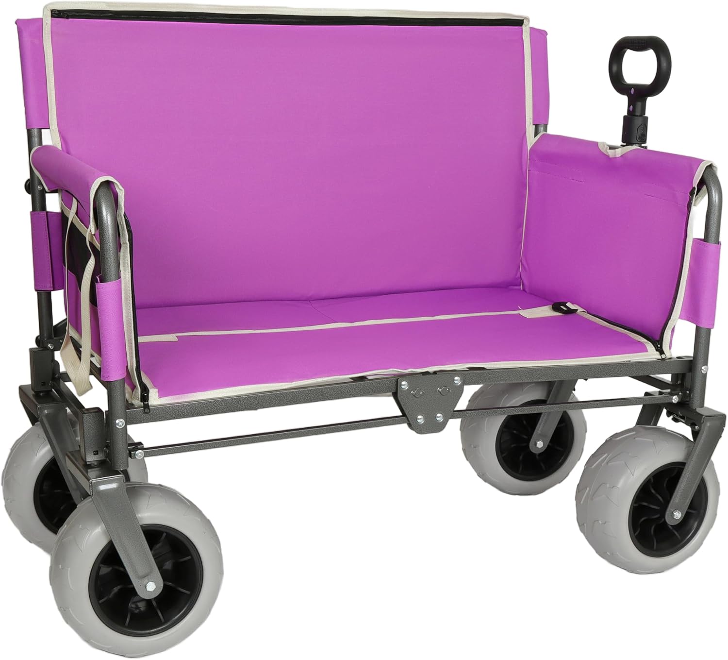 Heavy Duty Folding Wagon Cart with Bench Seat 500lbs Capacity All Terrain Wheels Convertible Storage Utility Wagon for Camping Beach Sports Outdoor Activities Purple