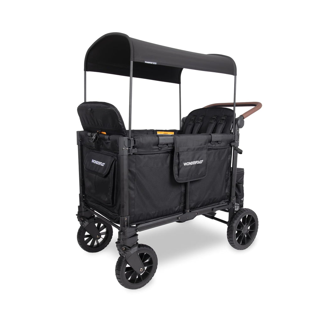 WonderFold W4 Luxe Pro Stroller Wagon - Collapsible Stroller Wagon with Aluminum Frame - Adjustable Canopy & Push Handle - XL All-Terrain Wheels - For Babies, Toddlers & Kids - 4 Seater - Black