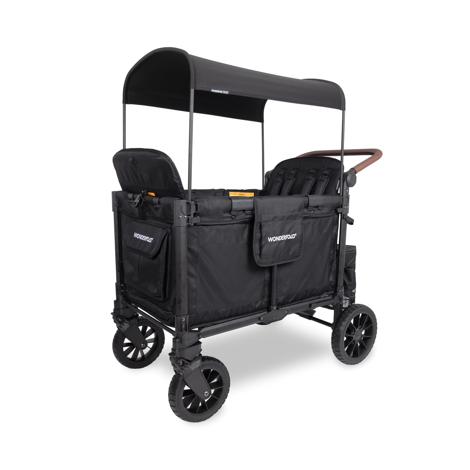 WonderFold W4 Luxe Pro Stroller Wagon - Collapsible Stroller Wagon with Aluminum Frame - Adjustable Canopy & Push Handle - XL All-Terrain Wheels - For Babies, Toddlers & Kids - 4 Seater - Black