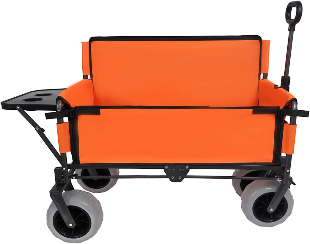 3-in-1 Heavy-Duty Folding Wagon with Bench Seat & Rear Folding Tabletop – 500lbs Capacity, All-Terrain 9' Beach Tires for Camping, Picnics, and Outdoor Events (Orange)