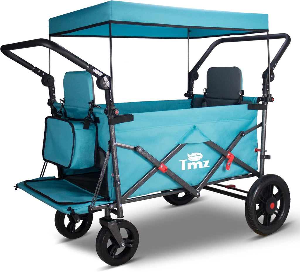 TMZ Foldable Wagon with Rain Cover & 2 Seats, Collapsible Folding Wagon with Adjustable Handle Bar, Multi Functional Cart with Canopy, Front Expandable Garden Cart (Transparent/Turquoise)