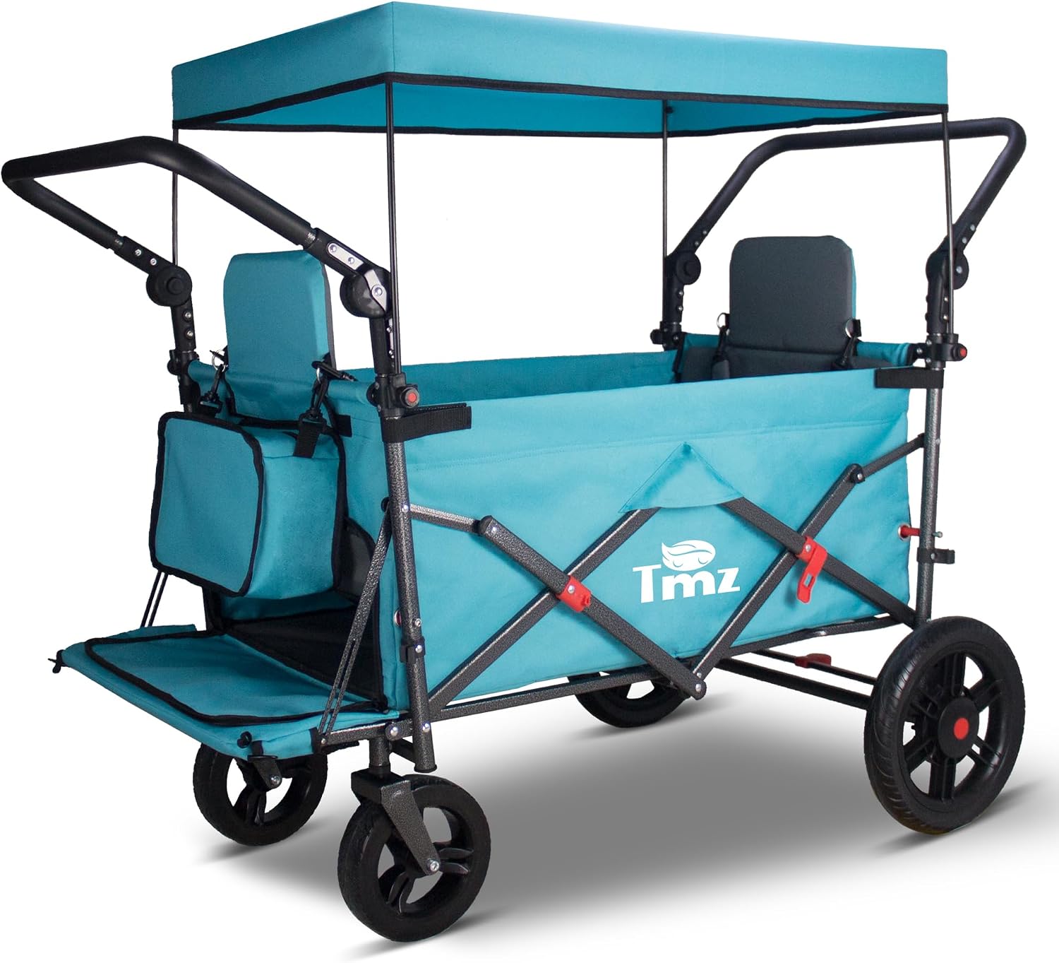 TMZ Foldable Wagon with Rain Cover & 2 Seats, Collapsible Folding Wagon with Adjustable Handle Bar, Multi Functional Cart with Canopy, Front Expandable Garden Cart (Transparent/Turquoise)