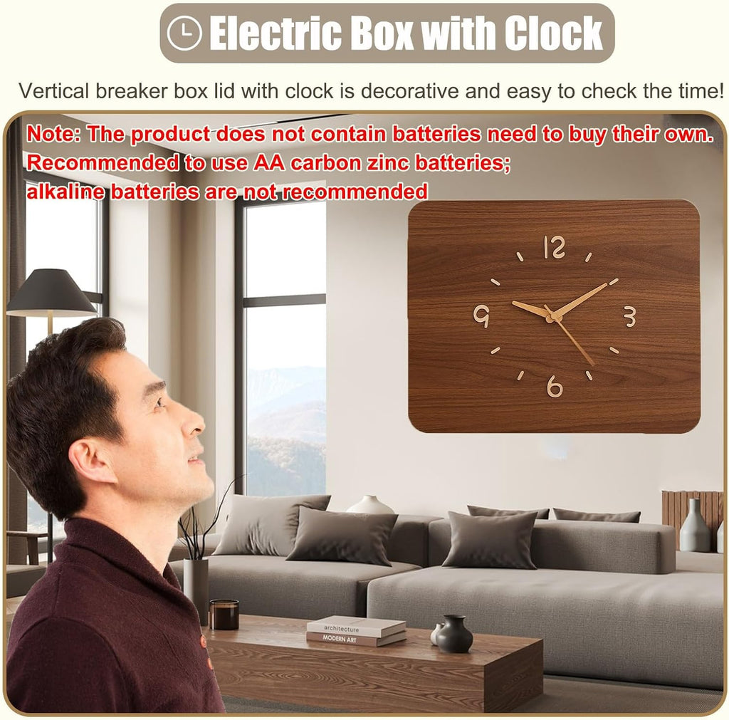 Wooden Electrical Panel Cover with Clock, Decorative Circuit Breaker Box Panel for Hide Wall/Home Decoration, Outside Water Meter Box Covers(42x22cm(16 1/2x8 5/8in))