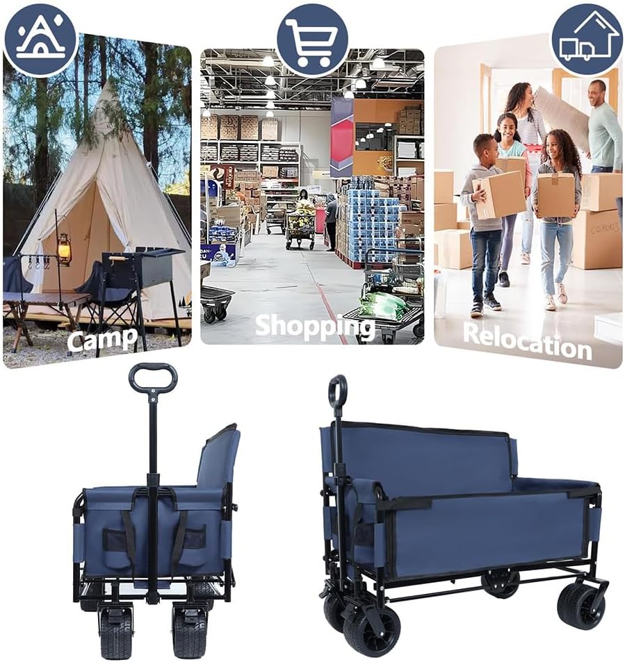 3-in-1 Convertible Folding Wagon Cart with Seat & Storage, 500lbs Heavy-Duty Utility Wagon, 180L Capacity, All-Terrain 360° Swivel Wheels for Camping, Beach, Sports, Garden (Dark Blue)