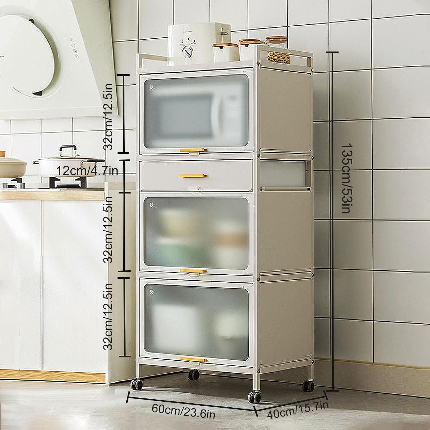 5 Tier Microwave Stand with Cabinet and Drawer for Kitchen Storage Standing Bakers Rack Black Metal Shelves Brakeable Casters Ideal for Pantry Or Living Room Nization,Black,60×135cm/23.6×53in