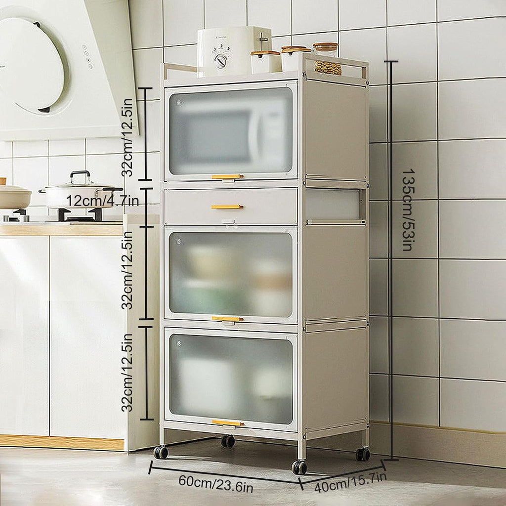 5 -Tier Microwave Stand with Flip Door Cabinet, Standing Bakers Rack for Kitchen Storage, Metal Shelves with Brakeable Casters and Drawer for Kitchen Pantry Living Room,White,60×135cm/23.6×53in