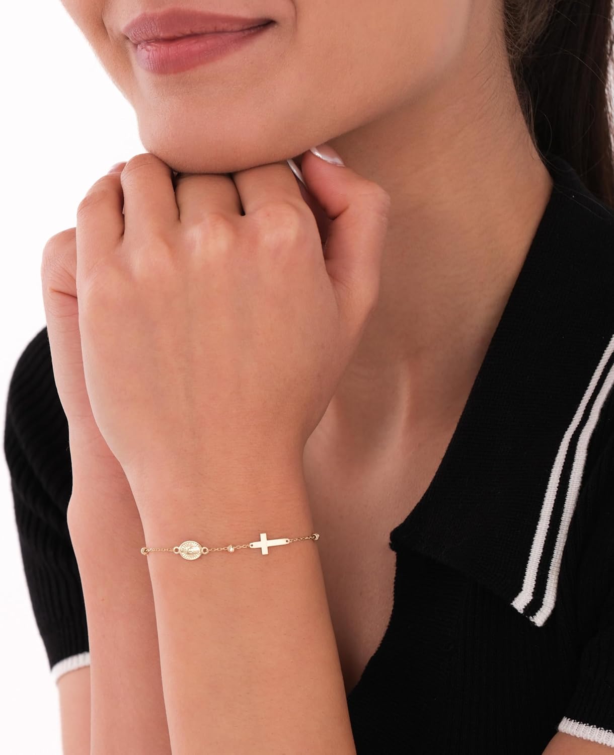 MIONZA 14K Solid Gold Rosary Sideways Cross Bracelet for Women, Adjustable Cross Bracelet, Religious Charm Catholic Jewelry, Christian Baptism Gift for Her