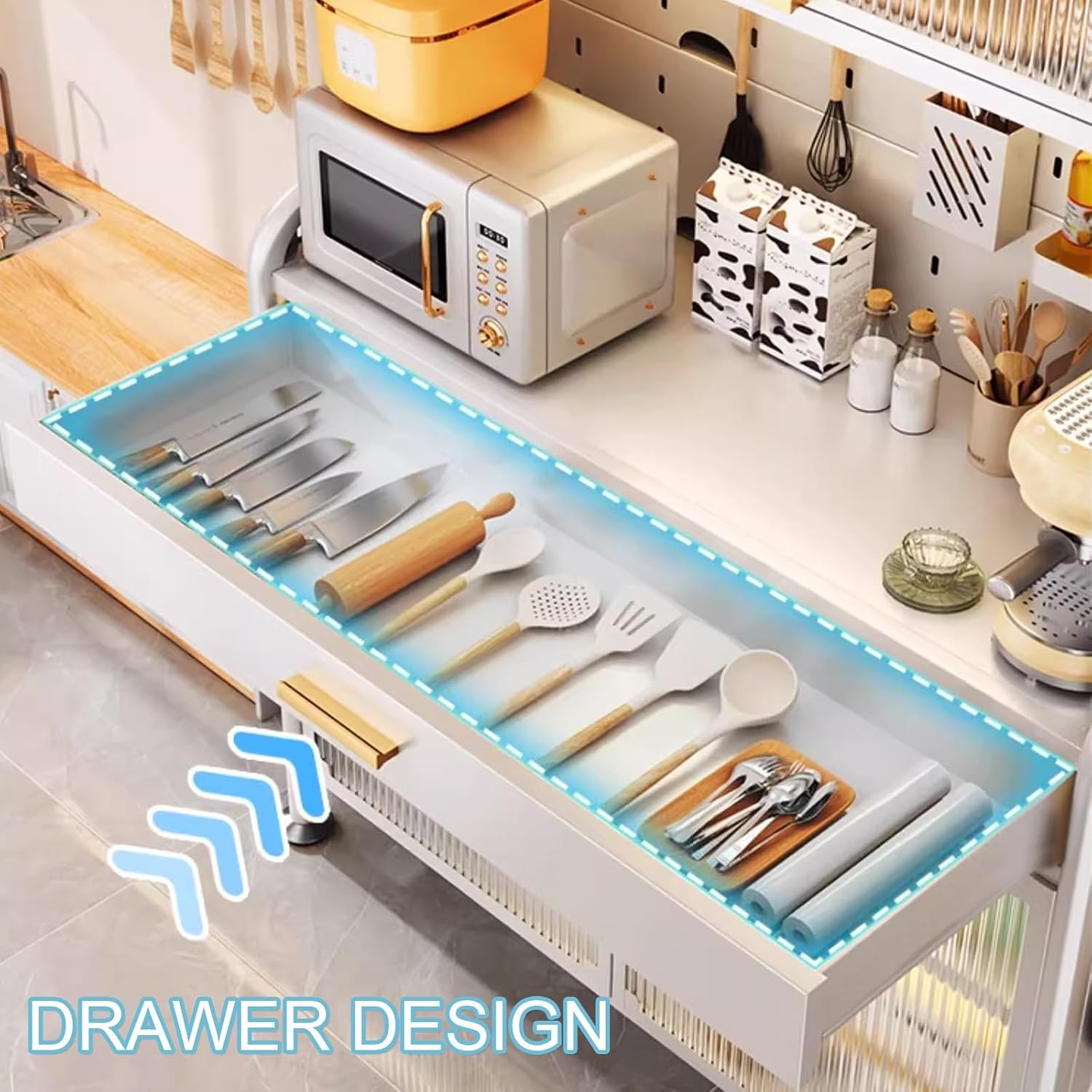 5-Tier Kitchen Bakers Rack, 5-Tier Microwave Stand, Adjustable Shelves, Metal Frame, with Drawers, for Kitchen Hutch, Home, Office(White-70Cm)