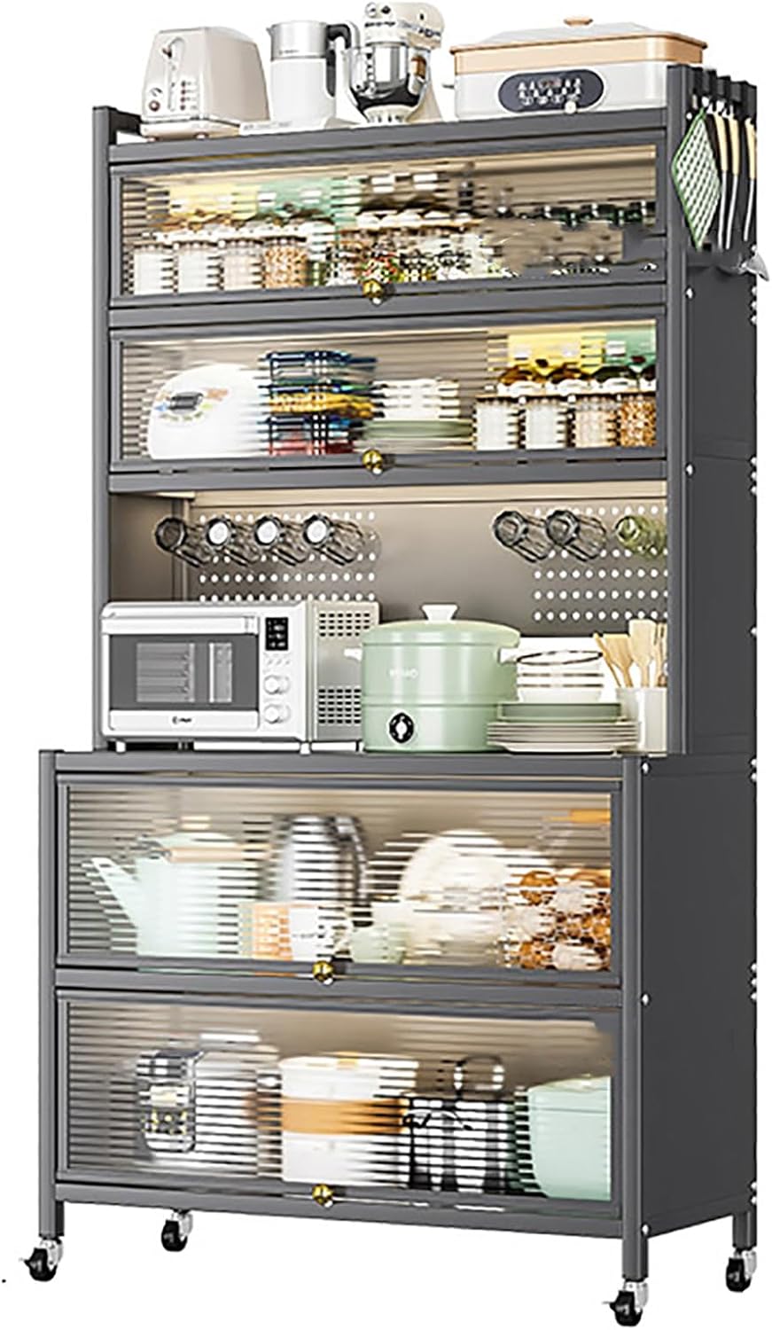 Dark Gray Baker's Rack with Microwave Stand, Kitchen Storage Cabinet, Flip Door & Drawer, Metal Shelves, Pegboard for Home, Garage, Pantry, Spices Organizer