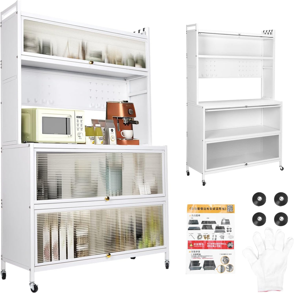5 Tier Rolling Kitchen Bakers Rack with Locker Hole Board, 63.98x39.37x15.75inch Kitchen Pantry Cabinet Storage with Wheels Hooks, Farmhouse Coffee Bar Cabinet with Drawer Barn Doors