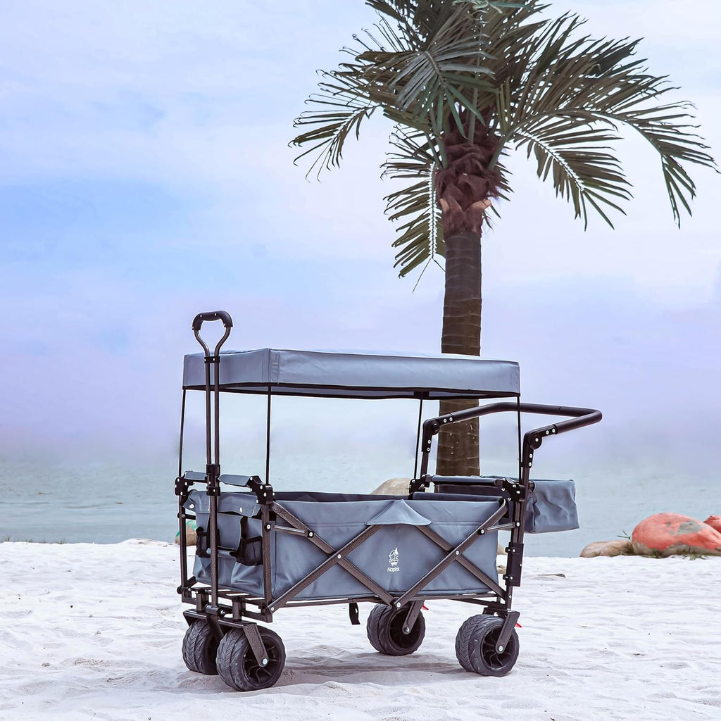 All Terrain Collapsible Wagon Cart with Big Wheels, 350 Pound Capacity Heavy Duty Enlarged Utility Folding Beach Garden Wagon Cart with Brake & Adjustable Handle for Outdoor Camping Shopping