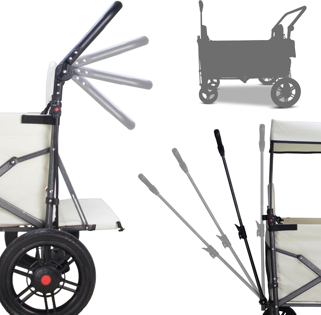 TMZ Collapsible Wagon with 2 Foldable Seats, Folding Cart with Removable Canopy, Heavy Duty Wagon 265LBS Load Capacity for Camping Garden Shopping (Beige)