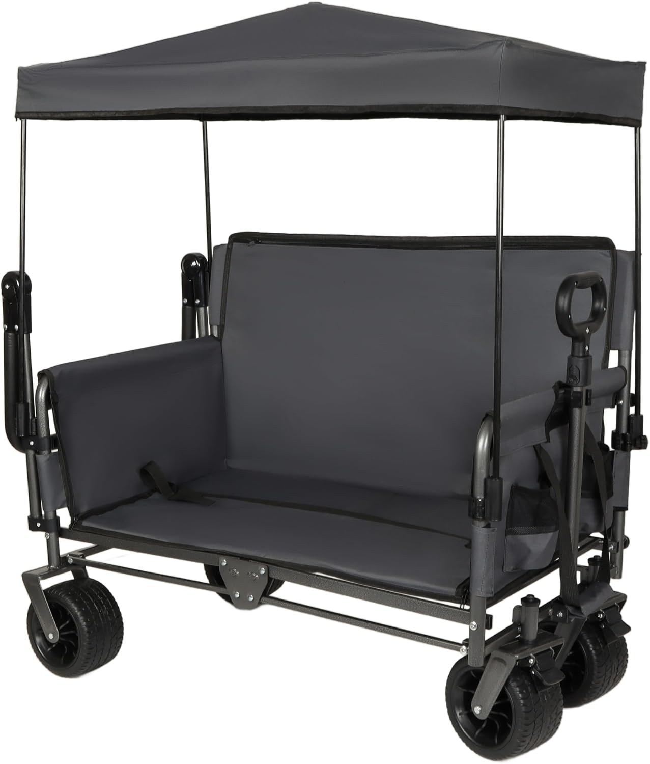 3-in-1 Heavy-Duty Folding Wagon Cart with Bench Seat, UV Canopy & 180L Storage – 500lbs Capacity All-Terrain Utility Cart for Camping, Beach, Sports & Garden (Gray)