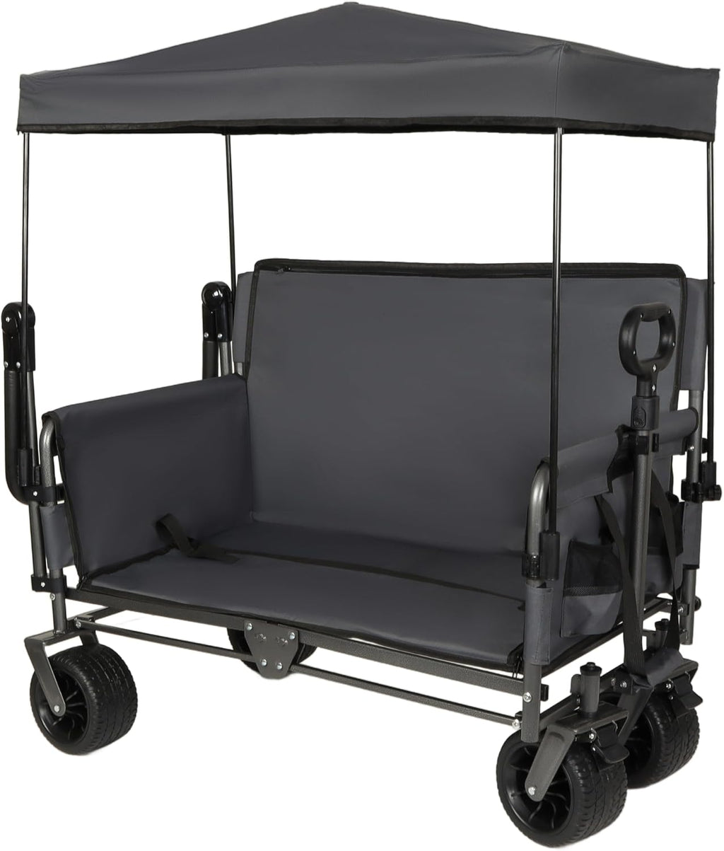 3-in-1 Folding Utility Wagon with Bench Seats, Canopy & 180L Storage - 500lb Capacity, All-Terrain Heavy-Duty Cart (Gray)
