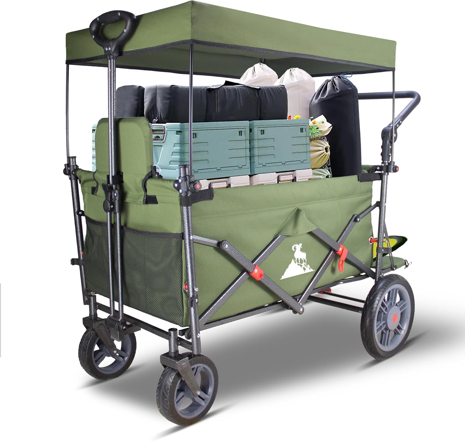Collapsible Foldable Wagon Cart with Quick-Release Wheels & 2 Seats - Heavy-Duty Utility Folding Wagon 265LBS Capacity for Camping, Garden, Shopping (Green)