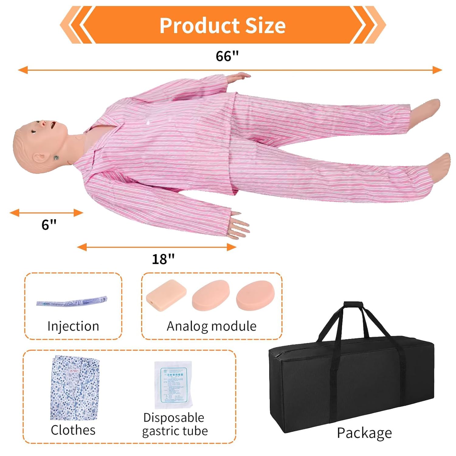 Patient Care Medical Manikin, 5.24ft Life Size Patient Human Model Multifunction Demonstration Mannequin with 3 Muscle Module & Patient Gown & Urinary Catheter for Teaching Pratice