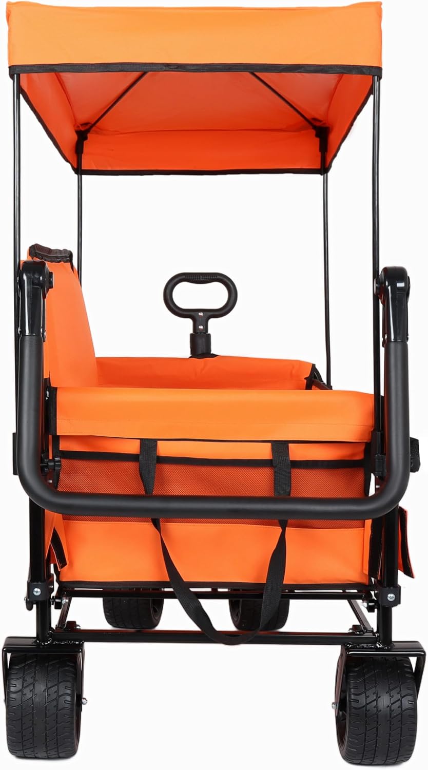 3-in-1 Heavy-Duty Folding Wagon Cart with Adjustable Canopy & Bench Seat – 500lbs Capacity, All-Terrain Utility Cart for Camping, Beach, Sports, Garden Storage (Orange)