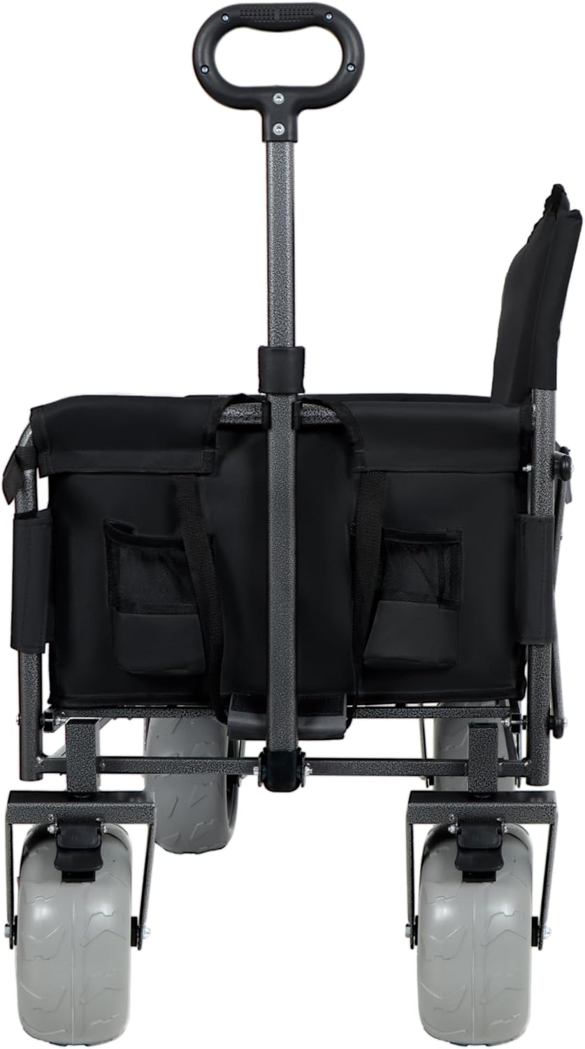 Black Collapsible Wagon, Bench Seat & Storage, All-Terrain Wheels & Steel Frame, Folding Camping Cart for Beach, Sports, Fish, 40.94x20.47x44.29 in